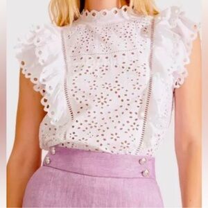 Veronica Beard White Eyelet Ruffle-Sleeve Blouse
